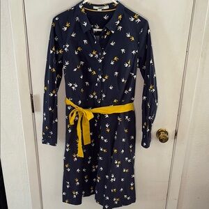 Boden Posey navy button down long sleeve dress, white gold sparrow print Size 10